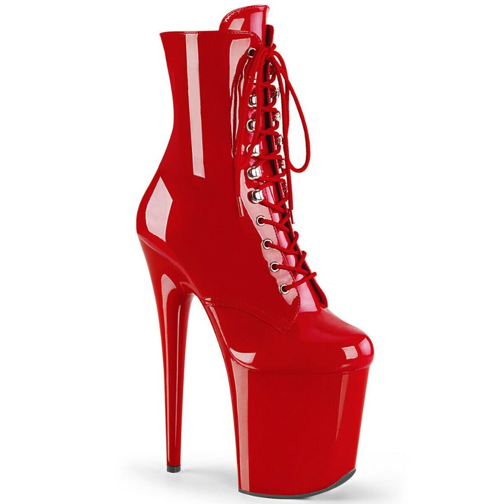 Pleaser Flamingo 1020 Red Patent 8" Heel, 4" Platform Lace-Up Front Ankle Boot